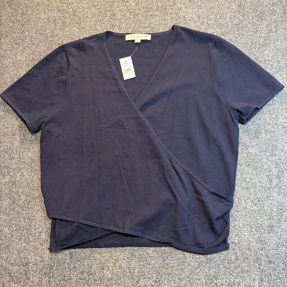 LOFT Womens XL Navy Blue Faux Wrap Short Sleeve V-Neck T-Shirt Knit Top NWT